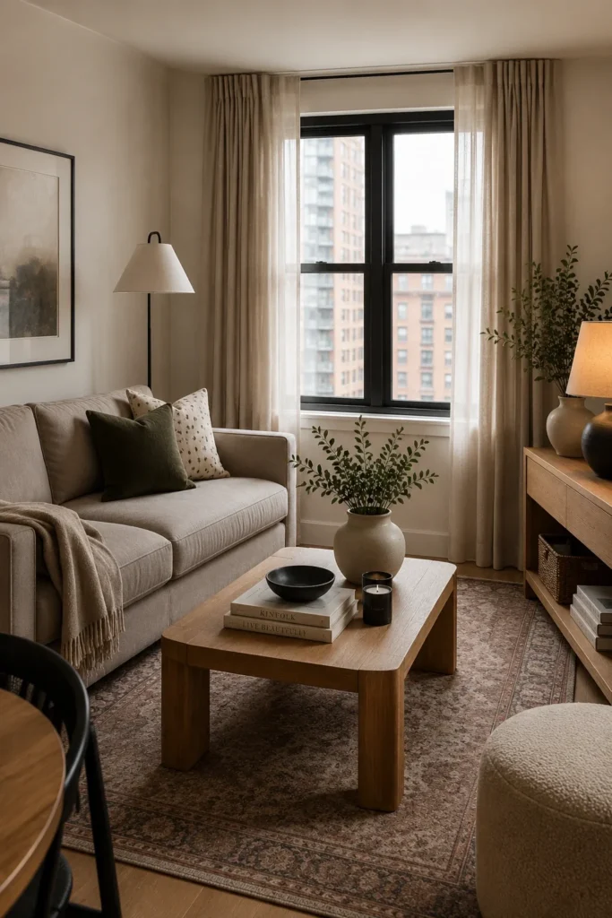 21 Dream Apartment Decor Ideas for a Beautiful & Stylish Space 3 Calm neutral apartment palette with taupe, cream, oak, and black accents