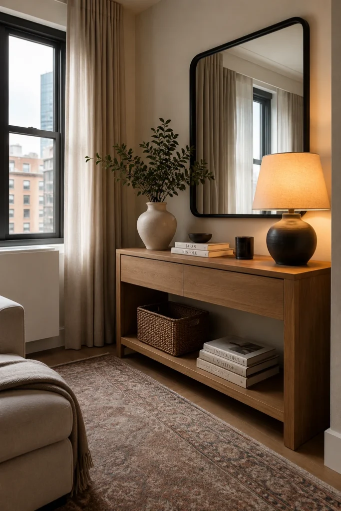21 Dream Apartment Decor Ideas for a Beautiful & Stylish Space 2 Elegant apartment corner with mirror, lamp, rug, and curated decor