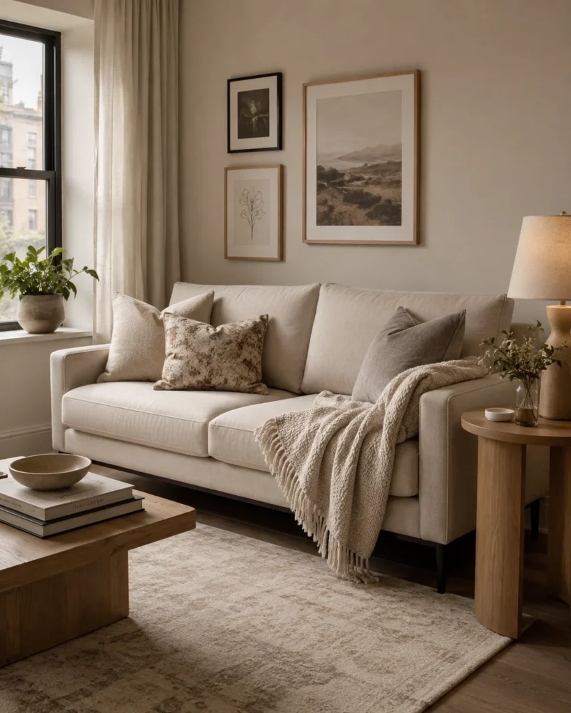 21 Dream Apartment Decor Ideas for a Beautiful & Stylish Space 8 Low-profile apartment sofa with neutral pillows, throw blanket, and oak side table