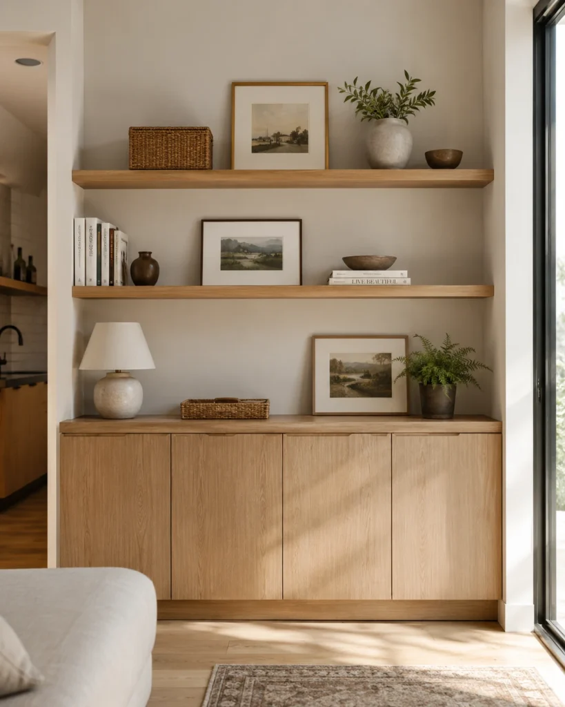21 Dream Apartment Decor Ideas for a Beautiful & Stylish Space 20 Apartment storage wall with oak cabinets, styled shelves, baskets, books, ceramics, and framed art.