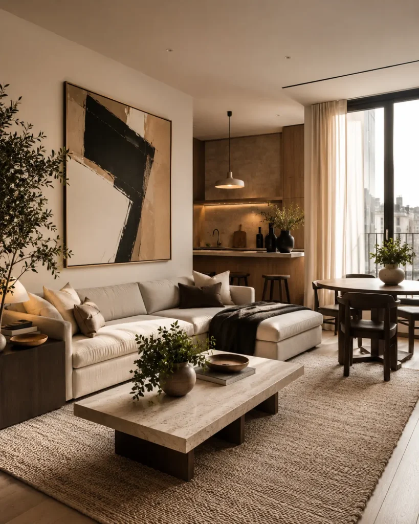 21 Dream Apartment Decor Ideas for a Beautiful & Stylish Space 24 Dream apartment living room with neutral sofa, statement art, large rug, and warm wood accents.