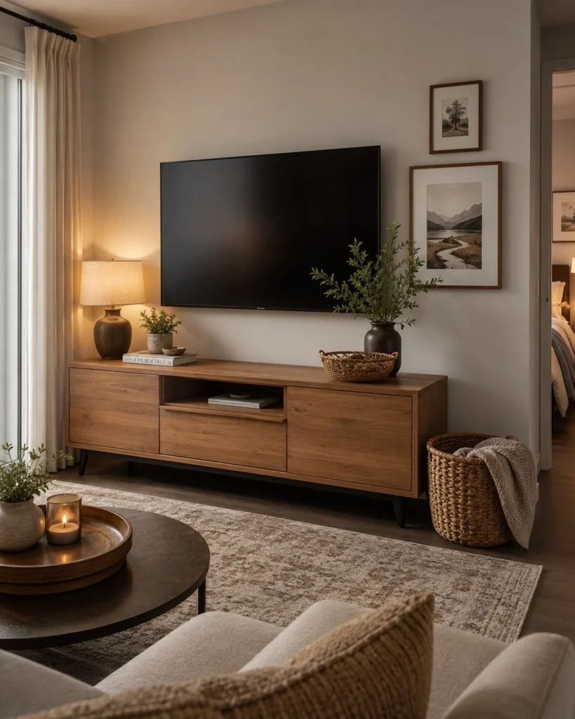 21 Dream Apartment Decor Ideas for a Beautiful & Stylish Space 11 Elegant apartment TV wall with warm wood console, lamp, framed art, and woven basket