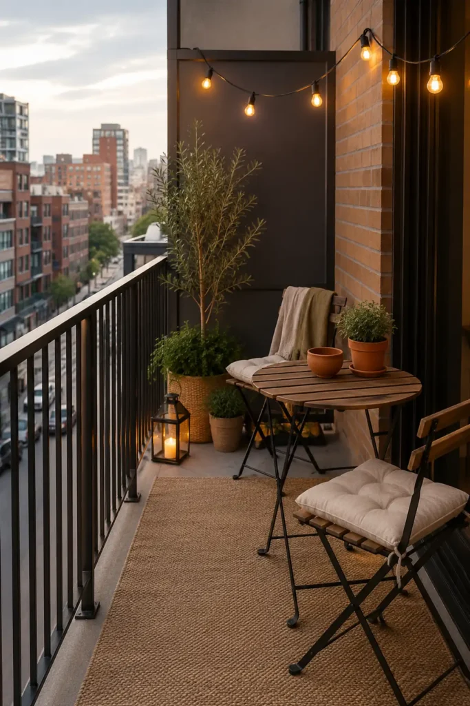 Apartment balcony ideas with compact seating, warm lighting, plants, an outdoor rug, and open floor space
