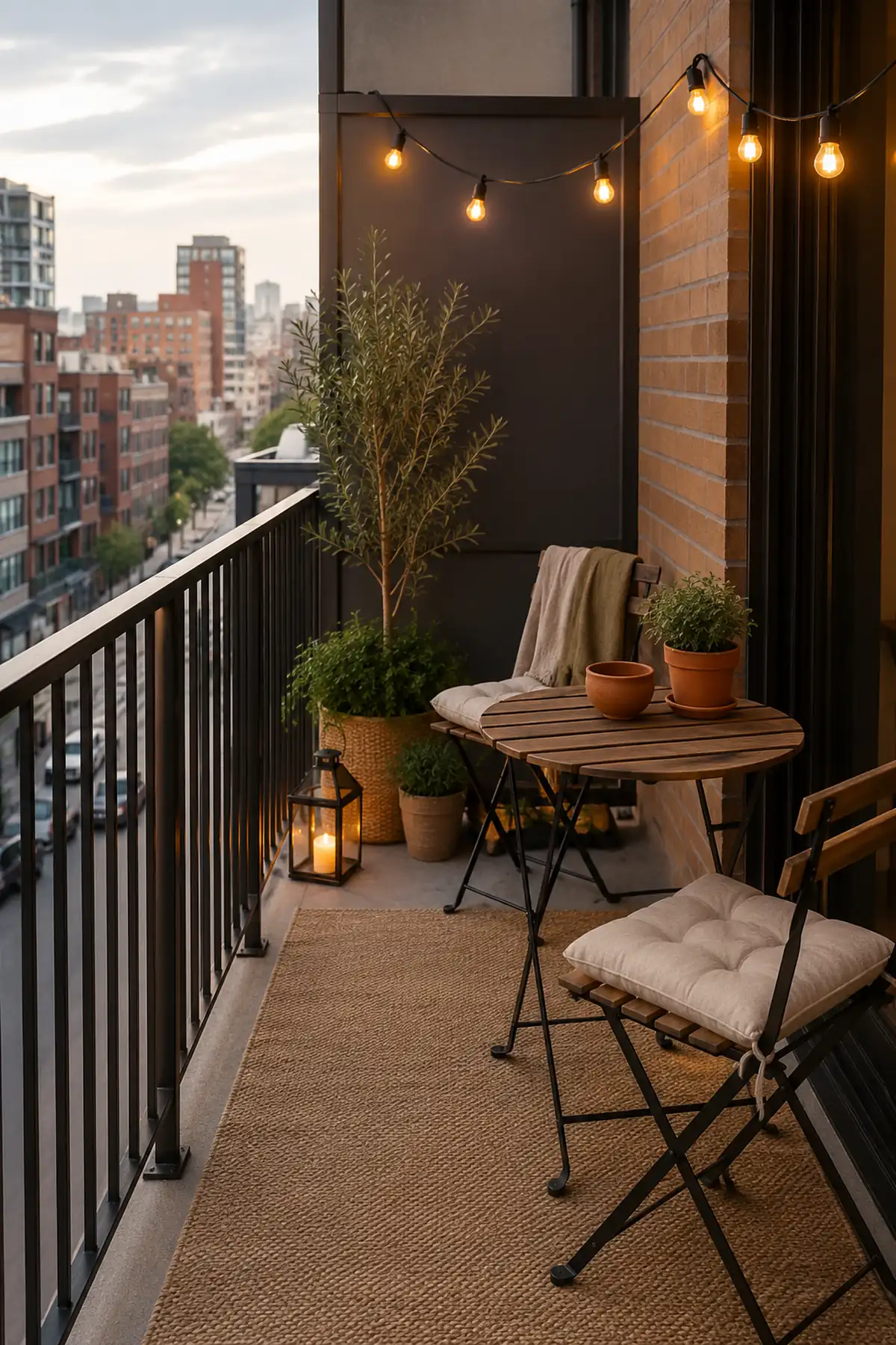 Apartment balcony ideas with compact seating, warm lighting, plants, an outdoor rug, and open floor space