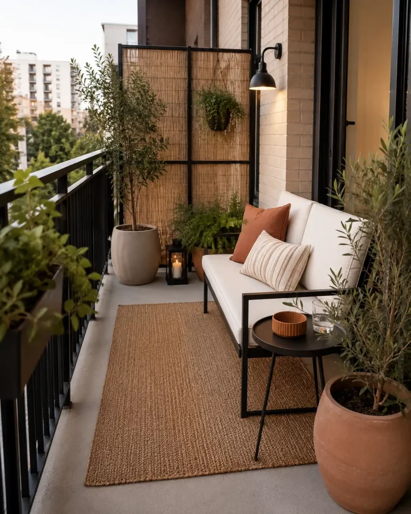 Compact apartment balcony with a woven rug, slim seating, warm light, grouped plants, side table, privacy screen, and open floor space