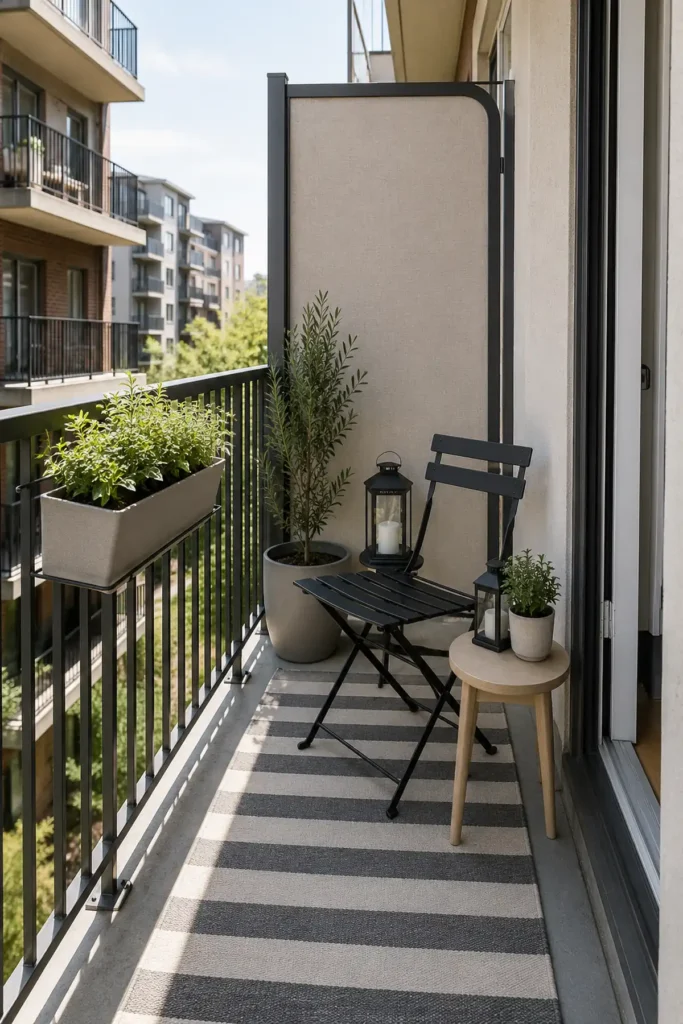 Small apartment balcony with a folding chair, striped outdoor rug, rail planter, lantern, privacy panel, and open walkway