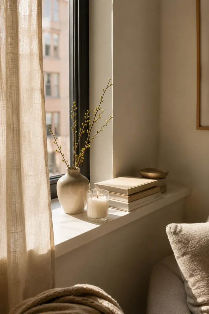 Cozy apartment window sill styled with a ceramic vase, bud stems, candle, stacked books, and linen curtain