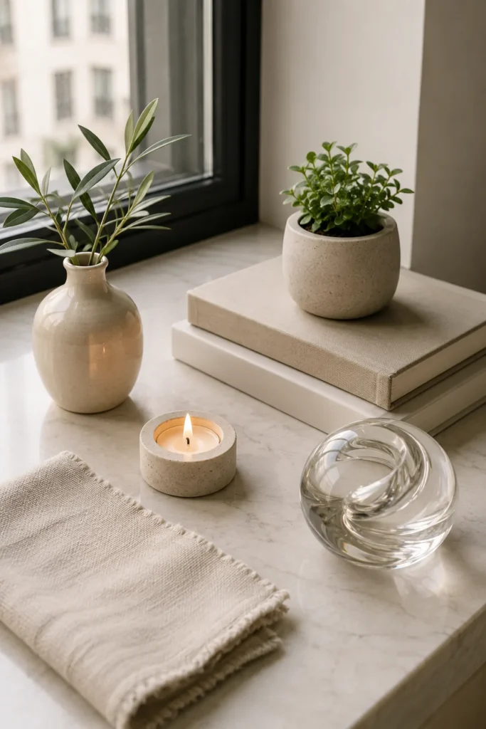 Neutral apartment window sill decor with a ceramic vase, candle, books, mini planter, linen, and glass object