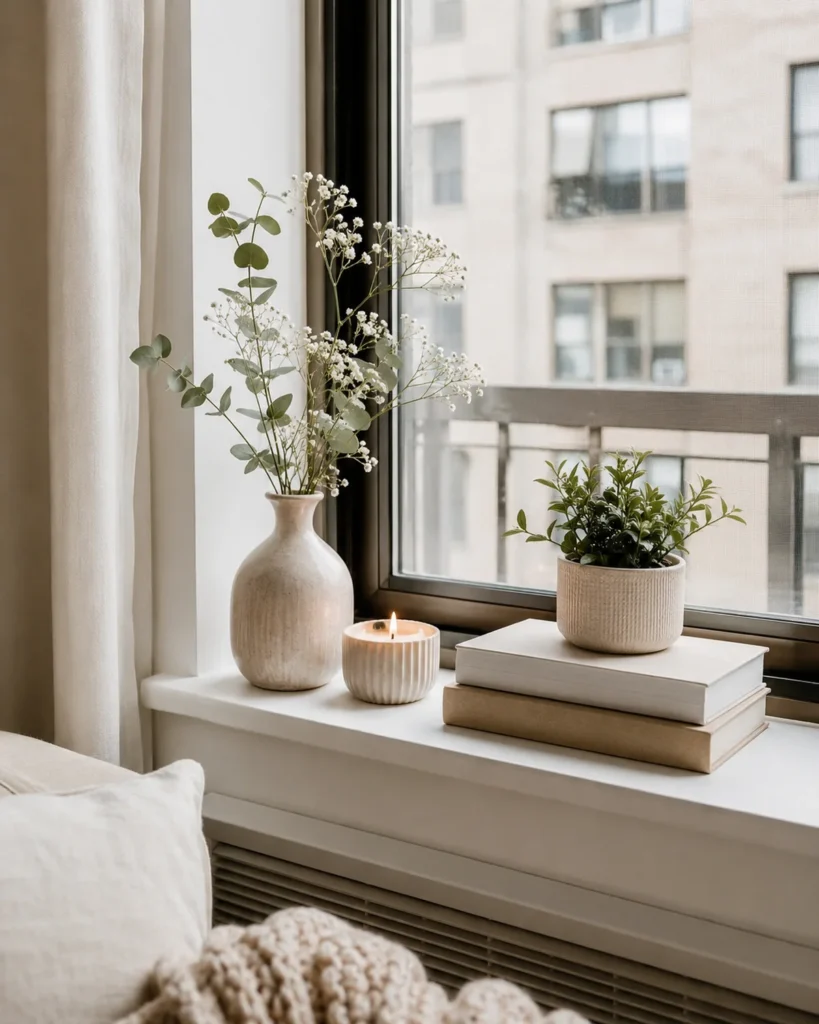 Apartment window sill styled with a ceramic vase, candle, stacked books, and a small planter