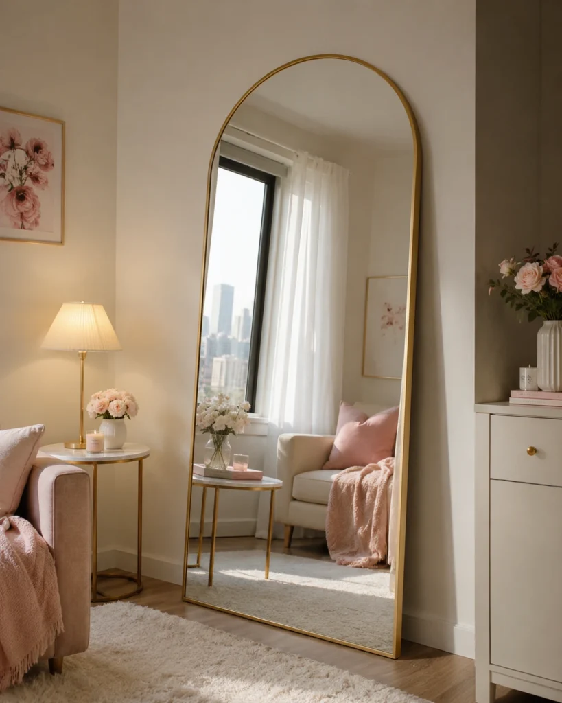 19 Girly Apartment Decor Ideas for a Stunning Cozy Aesthetic 7 Small girly apartment corner with arched gold mirror, blush decor, soft rug, and warm lamp glow.