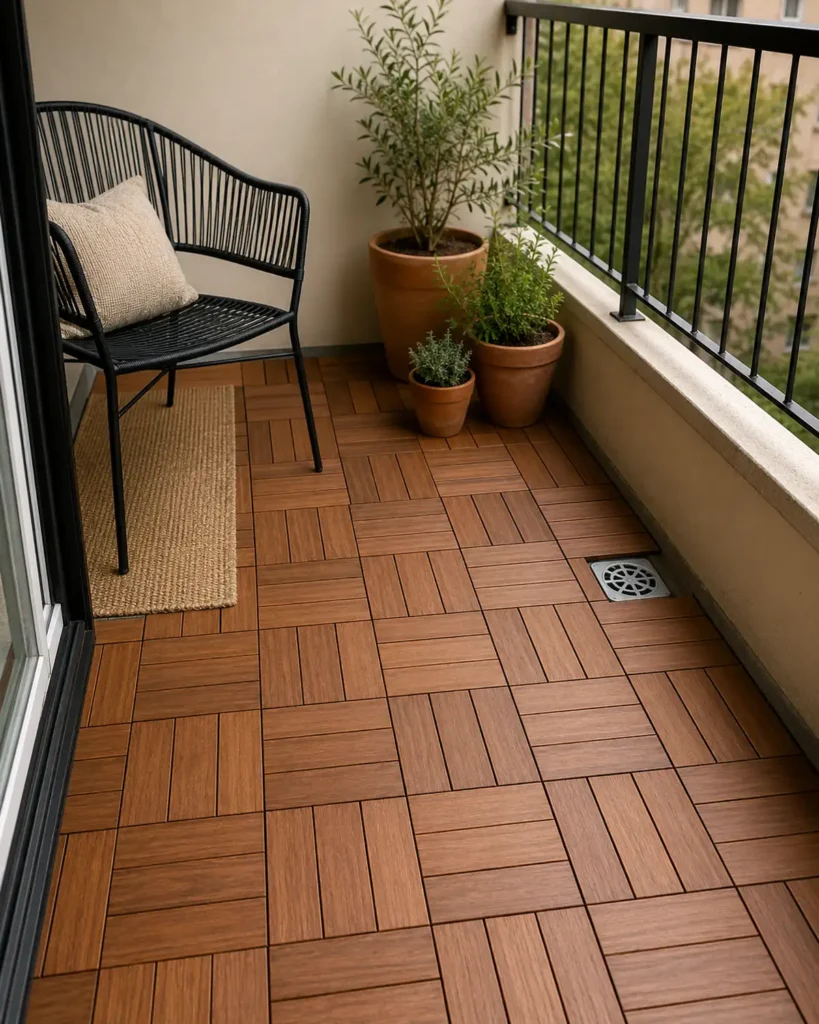 Small apartment balcony with wood-look interlocking deck tiles, compact chair, rug, and terracotta planters