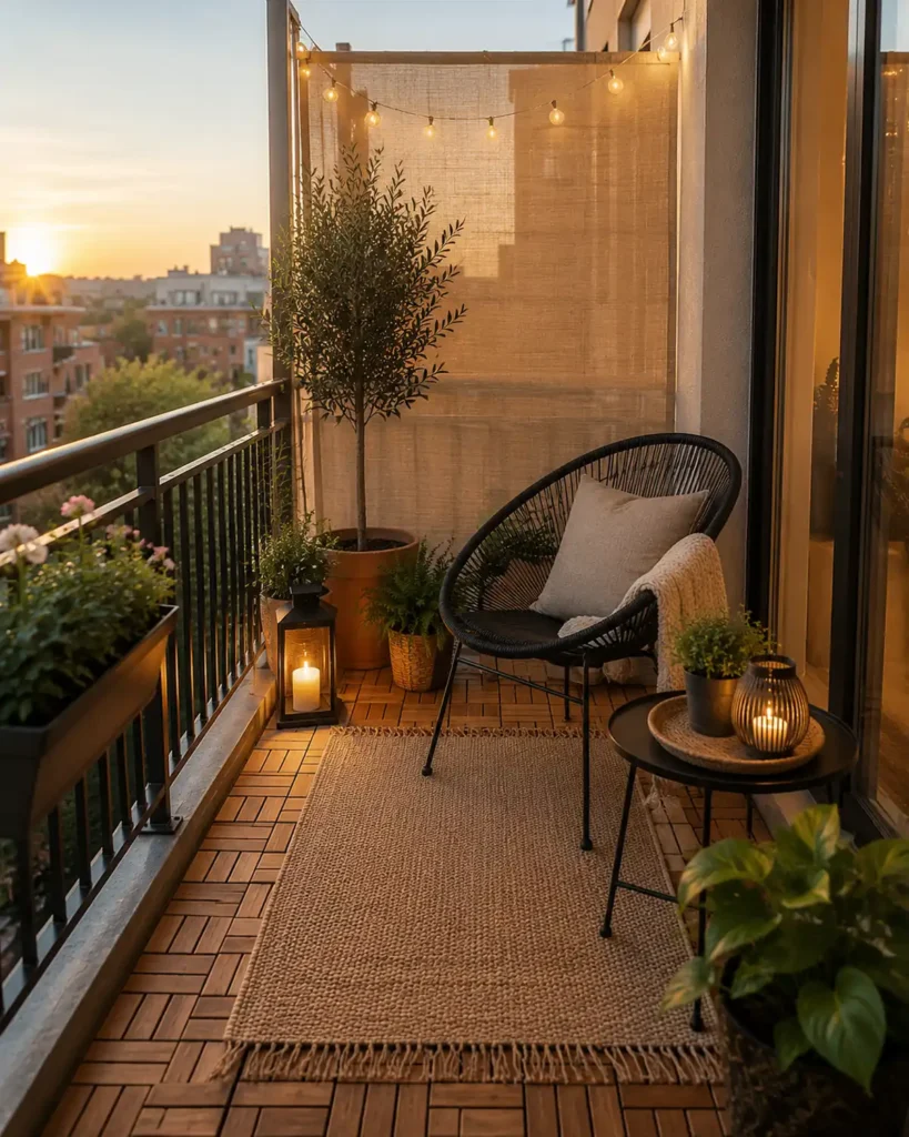 Small apartment balcony with outdoor rug, compact chair, plants, lanterns, side table, and privacy screen