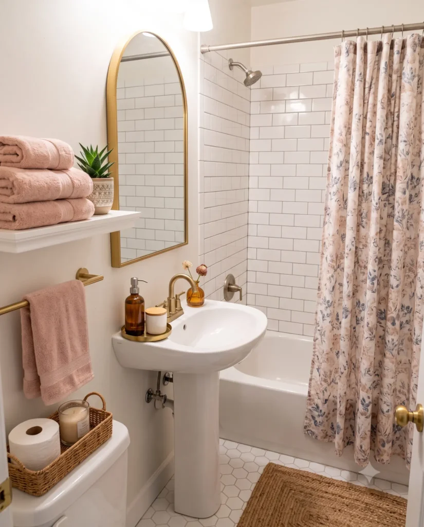 19 Girly Apartment Decor Ideas for a Stunning Cozy Aesthetic 19 Feminine bathroom with blush towels, gold mirror, floral shower curtain, and woven accents