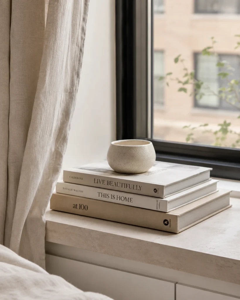 Neutral design books stacked on an apartment window sill with a small ceramic bowl and linen curtain