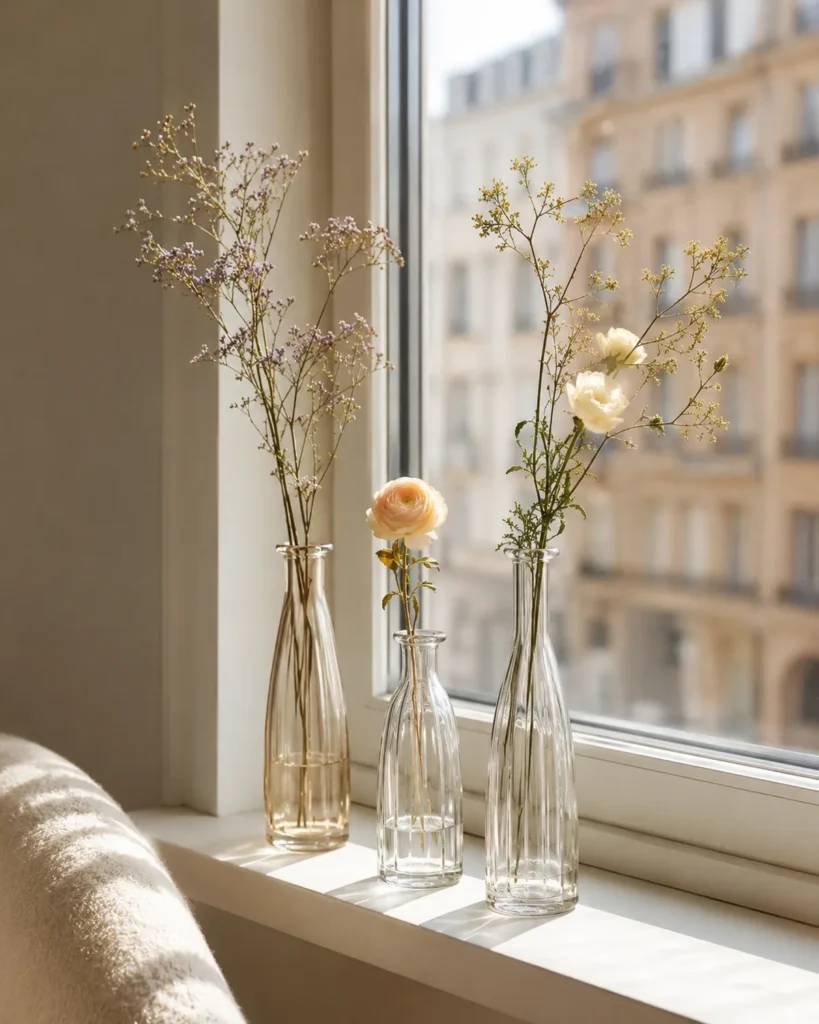 Three slim glass bud vases with delicate flower stems on a sunlit apartment window sill