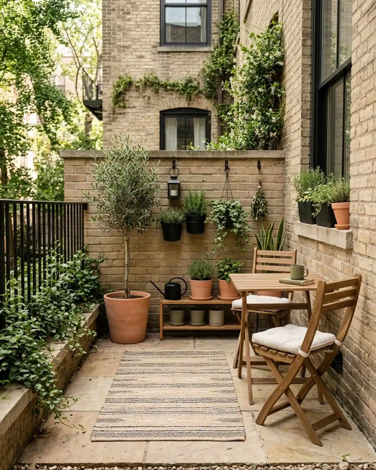 Tiny apartment patio styled in warm beige, black, muted green, and terracotta