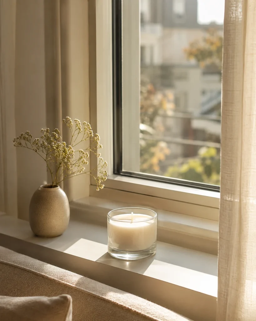 Low glass candle holder styled on a sunlit apartment window sill with warm neutral decor