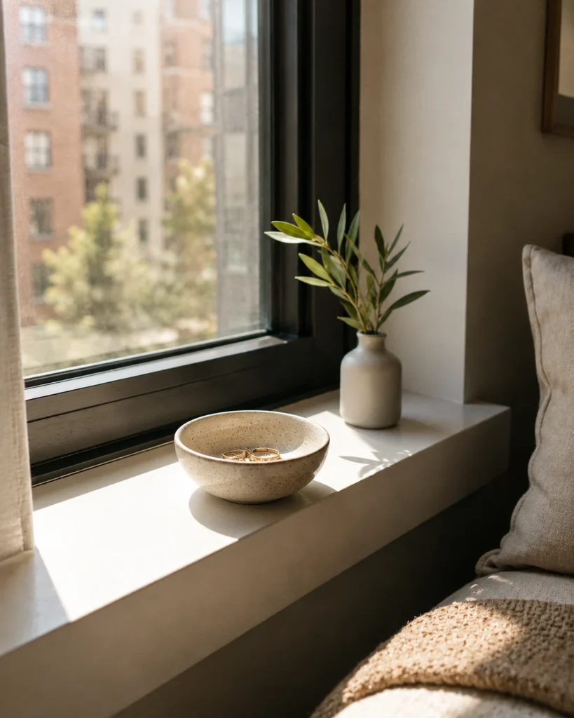 Small ceramic bowl holding a few rings on a sunlit apartment window sill