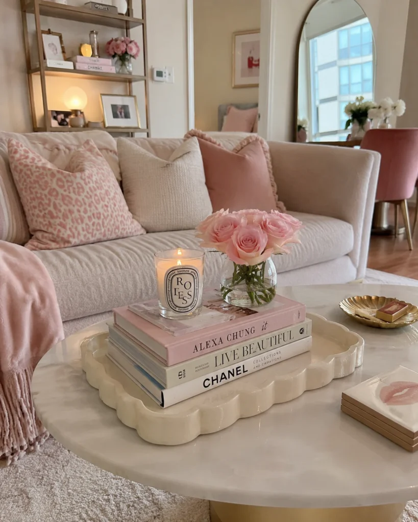 19 Girly Apartment Decor Ideas for a Stunning Cozy Aesthetic 14 Feminine coffee table with scalloped tray, decor books, candle, and pink flowers