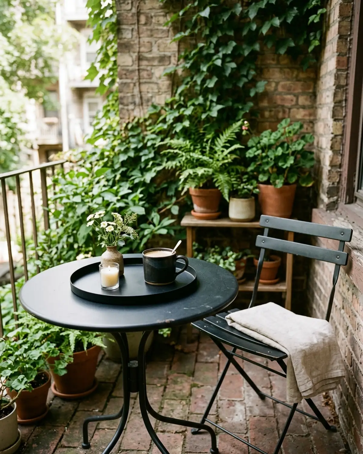 Small patio table styled with a tray, mug, tiny vase, and LED candle