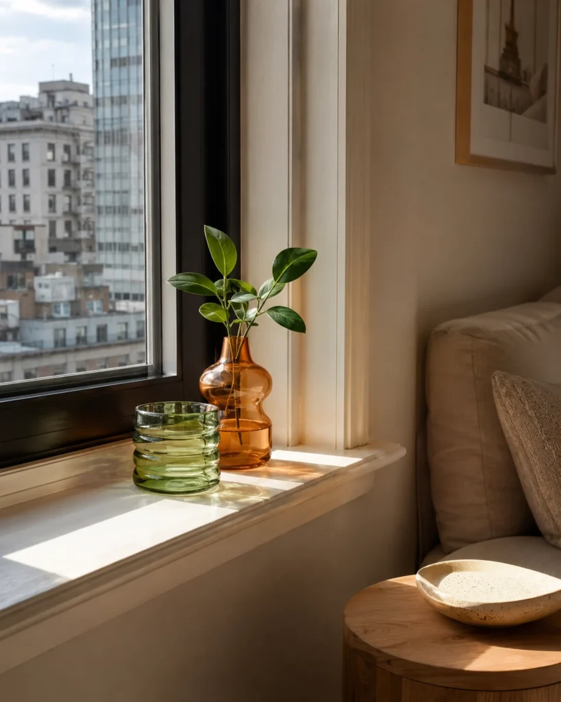 Amber and green glass objects catching sunlight on a modern apartment window sill