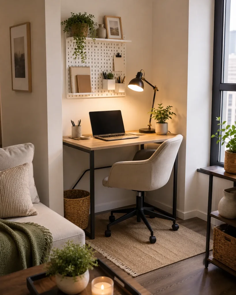 Renter-Friendly Home Upgrades: 19 Smart Ideas for Apartments 17 Small apartment work nook with a compact desk, wall organizer, warm task lamp, neutral chair, and minimal decor