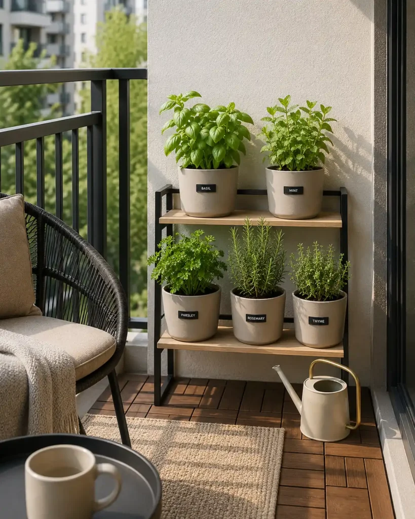 Small apartment balcony herb garden with basil, mint, parsley, rosemary, and thyme on a narrow tiered stand