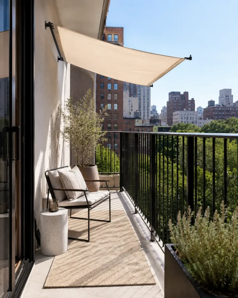 Sunny apartment balcony with a compact pale fabric shade, slim chair, beige outdoor rug, black railing, and minimal plants