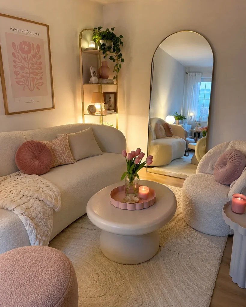 19 Girly Apartment Decor Ideas for a Stunning Cozy Aesthetic 4 Girly apartment with curved furniture, boucle chair, arched mirror, and soft pink decor