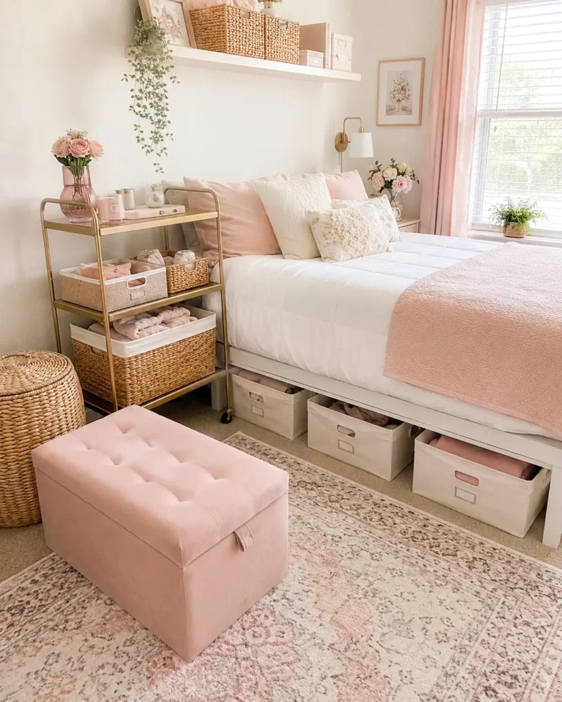 19 Girly Apartment Decor Ideas for a Stunning Cozy Aesthetic 13 Organized feminine apartment with baskets, a blush ottoman, and stylish hidden storage