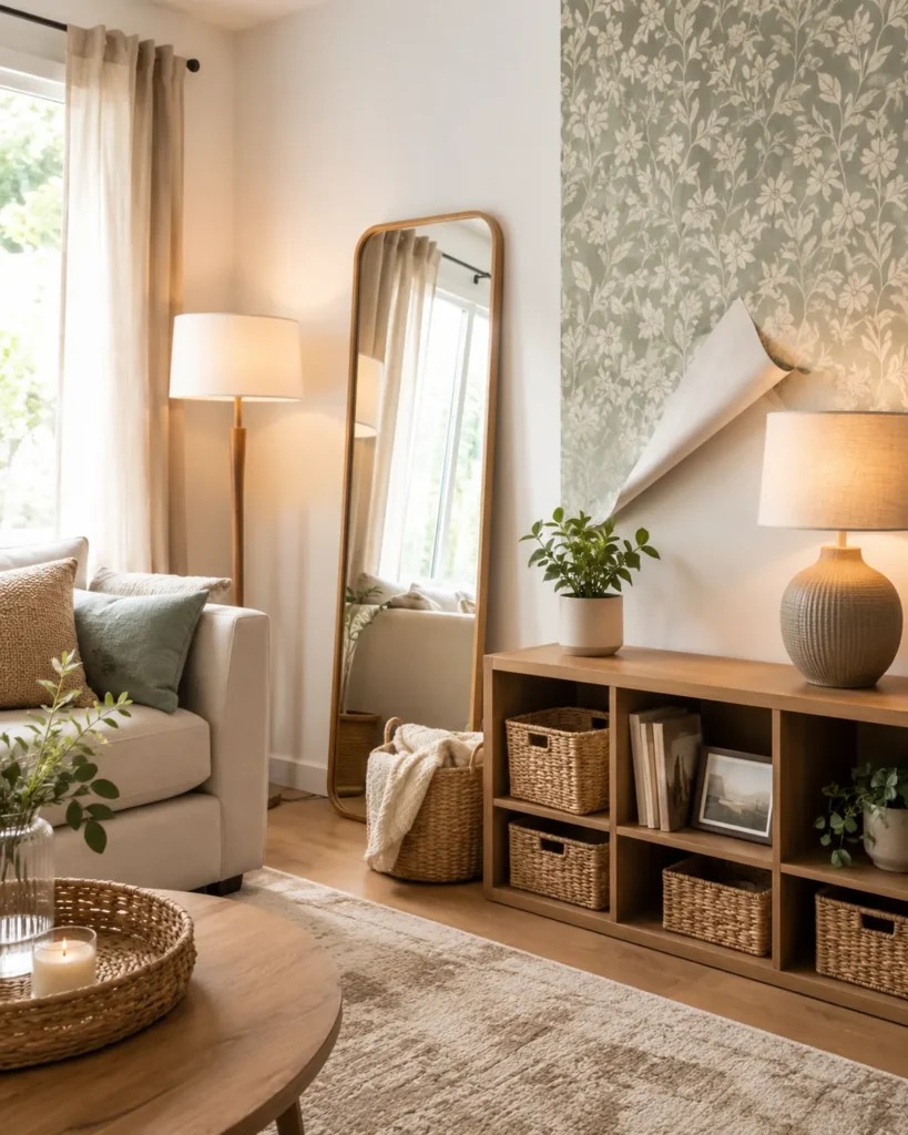 Renter-Friendly Decor: 23 Best Ideas That Won’t Damage Walls 26 Pinterest-friendly rental apartment decor with a mirror, rug, lamp, baskets, curtains, and removable wallpaper accents.