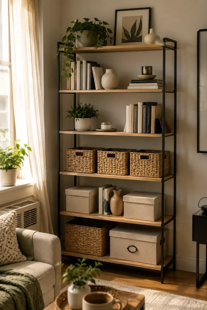 Compact rental apartment shelf with books, ceramic decor, woven baskets, and lidded storage boxes