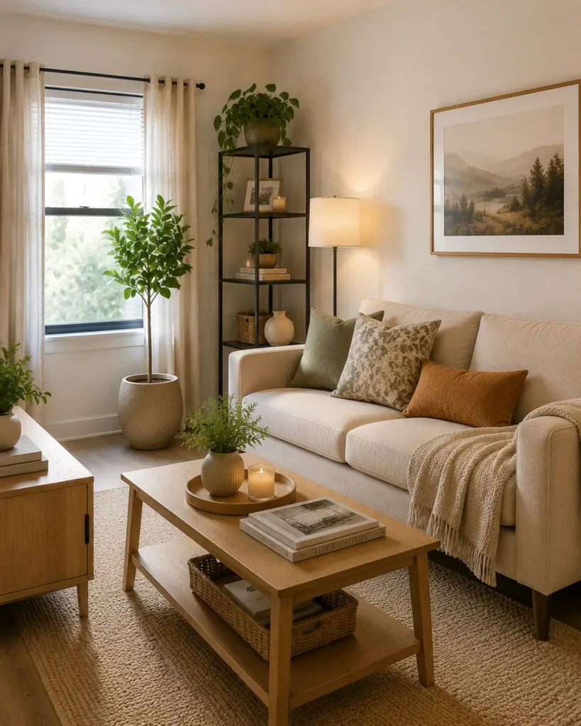 Renter-Friendly Decor: 23 Best Ideas That Won’t Damage Walls 25 Clean uncluttered rental living room with soft decor and simple styled surfaces