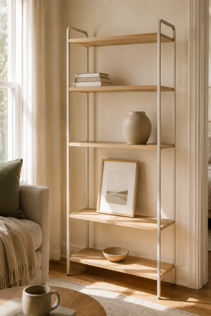 Light oak apartment shelf styled with neutral books, a ceramic vase, framed art, and a small bowl