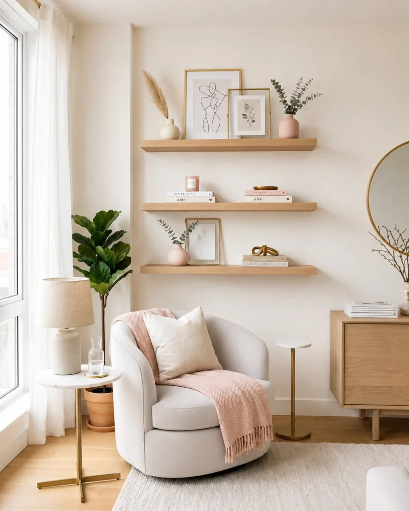 19 Girly Apartment Decor Ideas for a Stunning Cozy Aesthetic 21 Feminine apartment corner with styled wood shelves, blush accents, cozy chair, and soft natural light