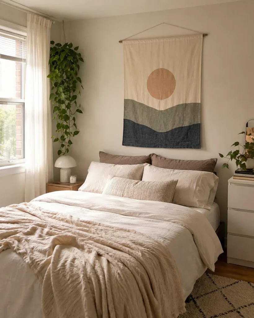 Renter-Friendly Decor: 23 Best Ideas That Won’t Damage Walls 19 Rental bedroom with a lightweight fabric wall hanging above a bed with soft neutral bedding