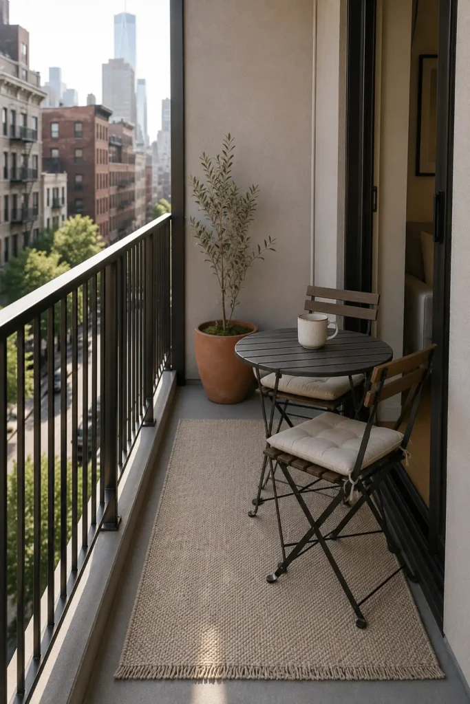 Narrow apartment balcony with a foldable bistro table, two slim chairs, neutral rug, ceramic mug, and terracotta planter