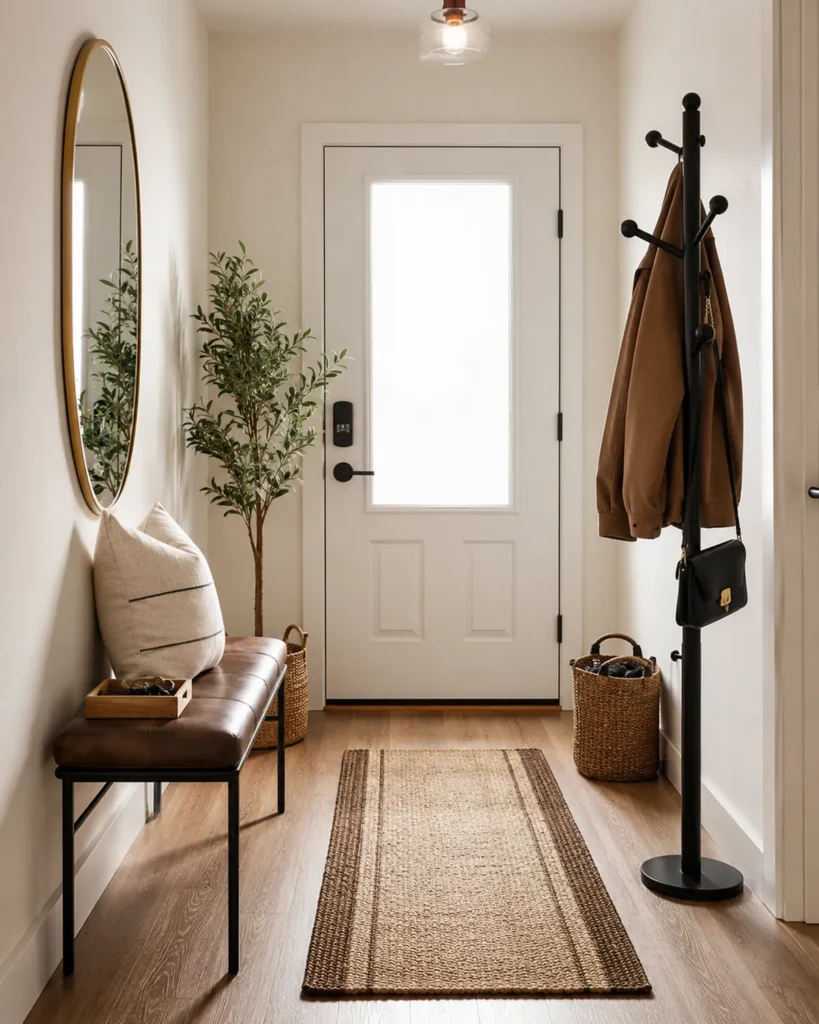Renter-Friendly Decor: 23 Best Ideas That Won’t Damage Walls 18 Small rental entryway with a freestanding bench, coat rack, mirror, tray, and woven rug