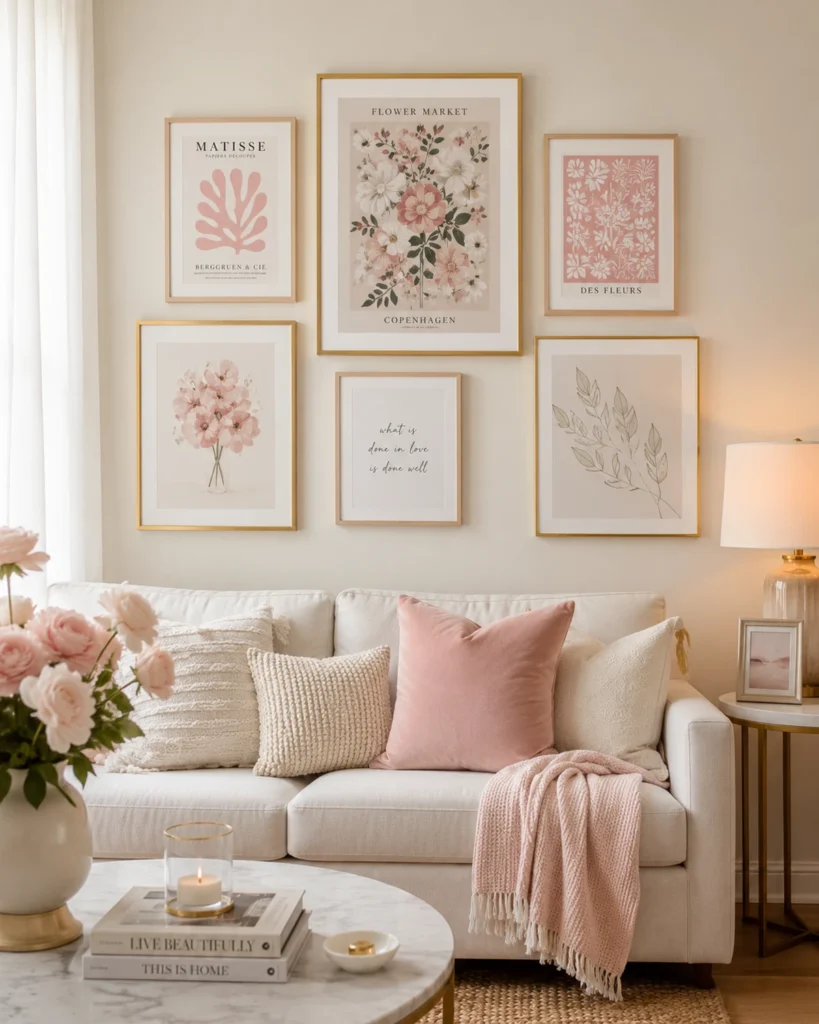 19 Girly Apartment Decor Ideas for a Stunning Cozy Aesthetic 16 Feminine apartment gallery wall with blush floral prints above a cozy cream sofa
