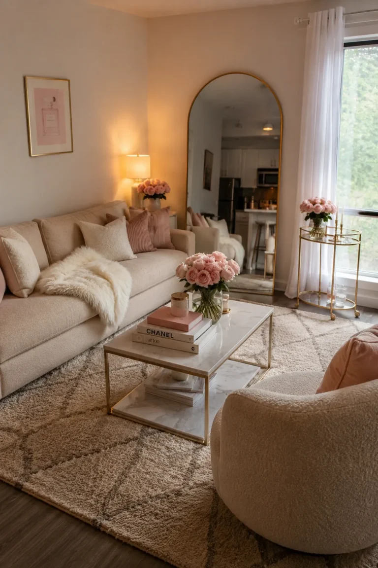Cozy girly apartment living room with blush tones, warm lighting, and soft feminine decor
