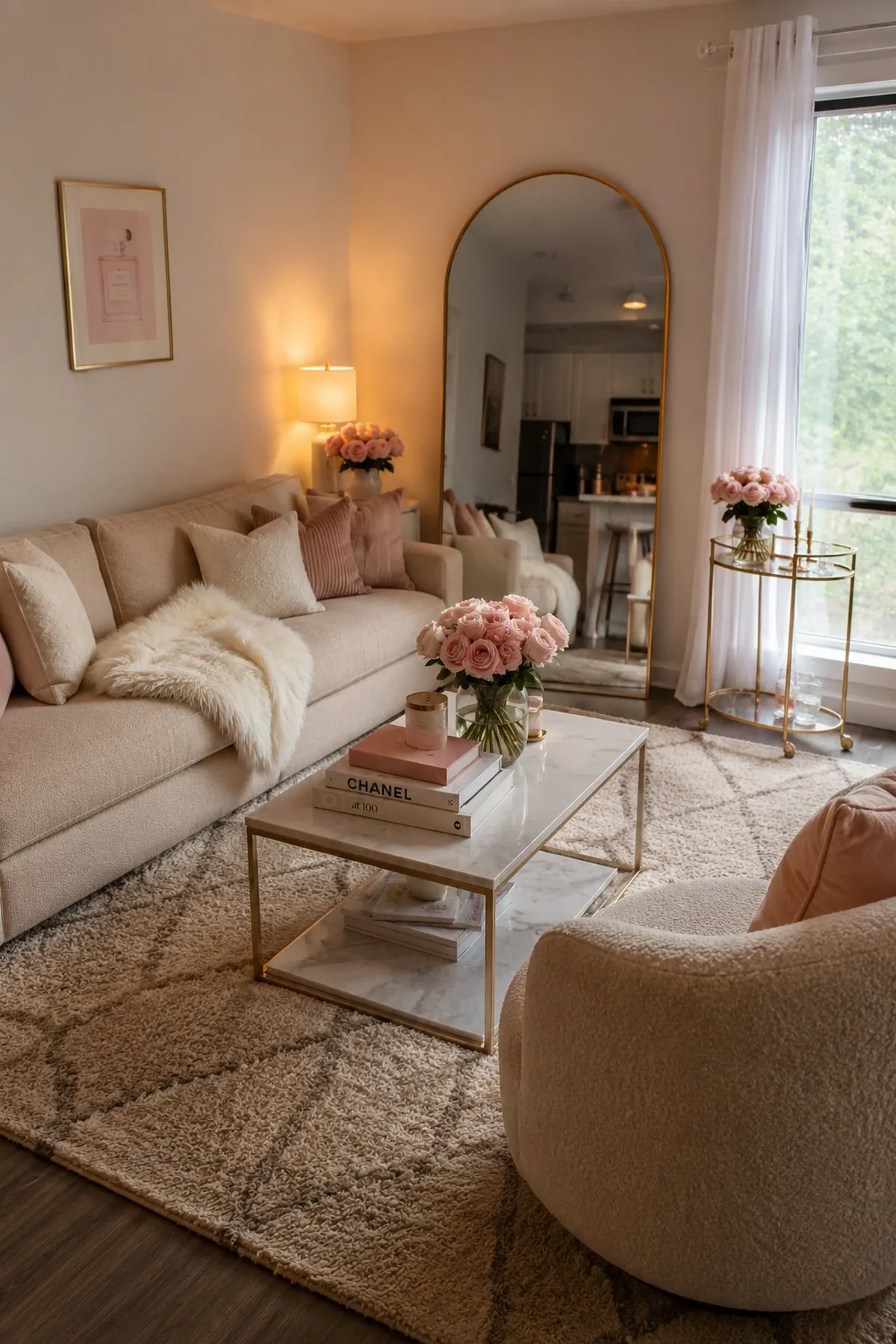 Cozy girly apartment living room with blush tones, warm lighting, and soft feminine decor