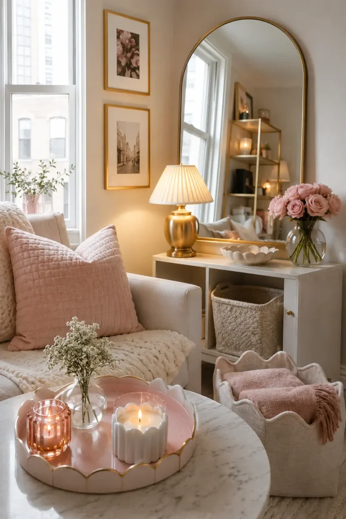 19 Girly Apartment Decor Ideas for a Stunning Cozy Aesthetic 2 Girly apartment decor corner with arched mirror, blush pillows, gold lamp, scalloped tray, and storage basket