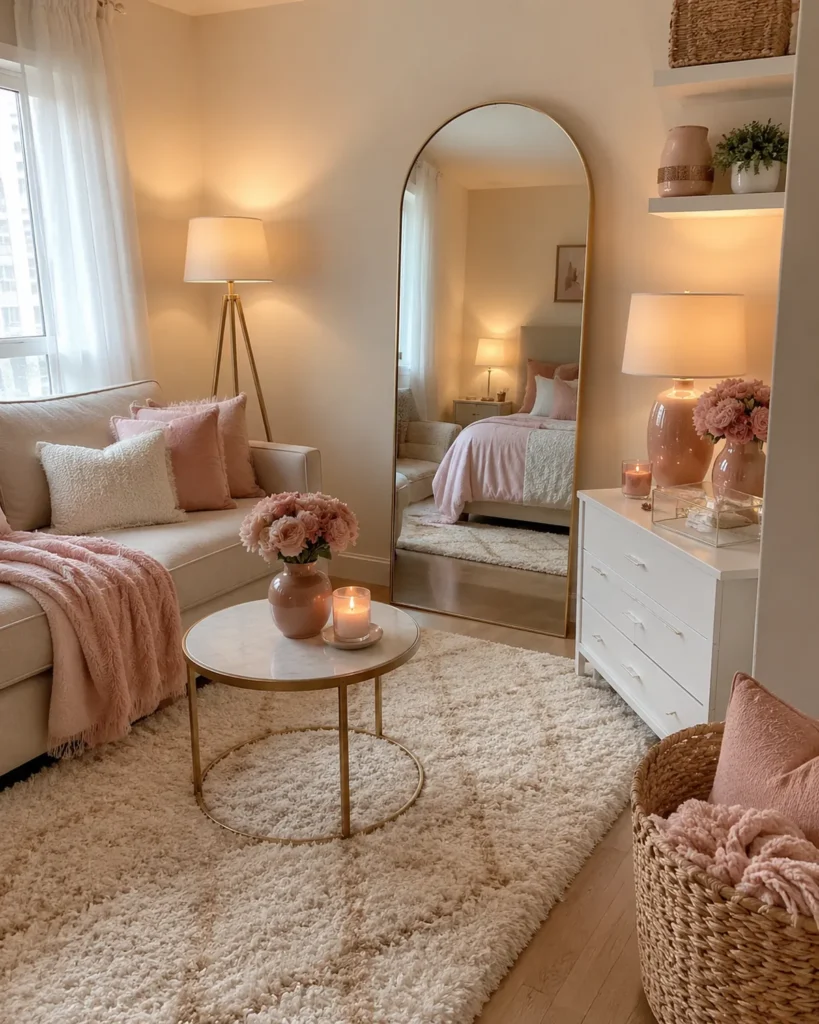 19 Girly Apartment Decor Ideas for a Stunning Cozy Aesthetic 22 Styled feminine apartment vignette with a mirror, plush rug, blush decor, and pretty storage accents.