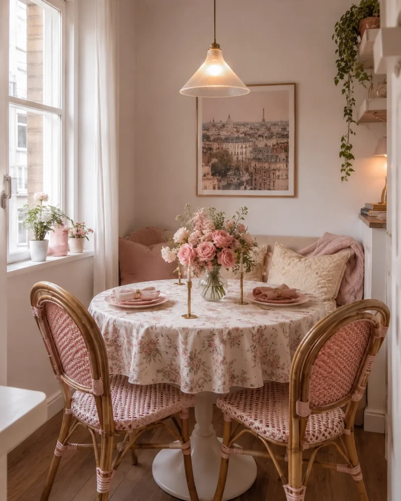 19 Girly Apartment Decor Ideas for a Stunning Cozy Aesthetic 18 Small girly apartment dining nook with a round table, pink café chairs, and floral centerpiece