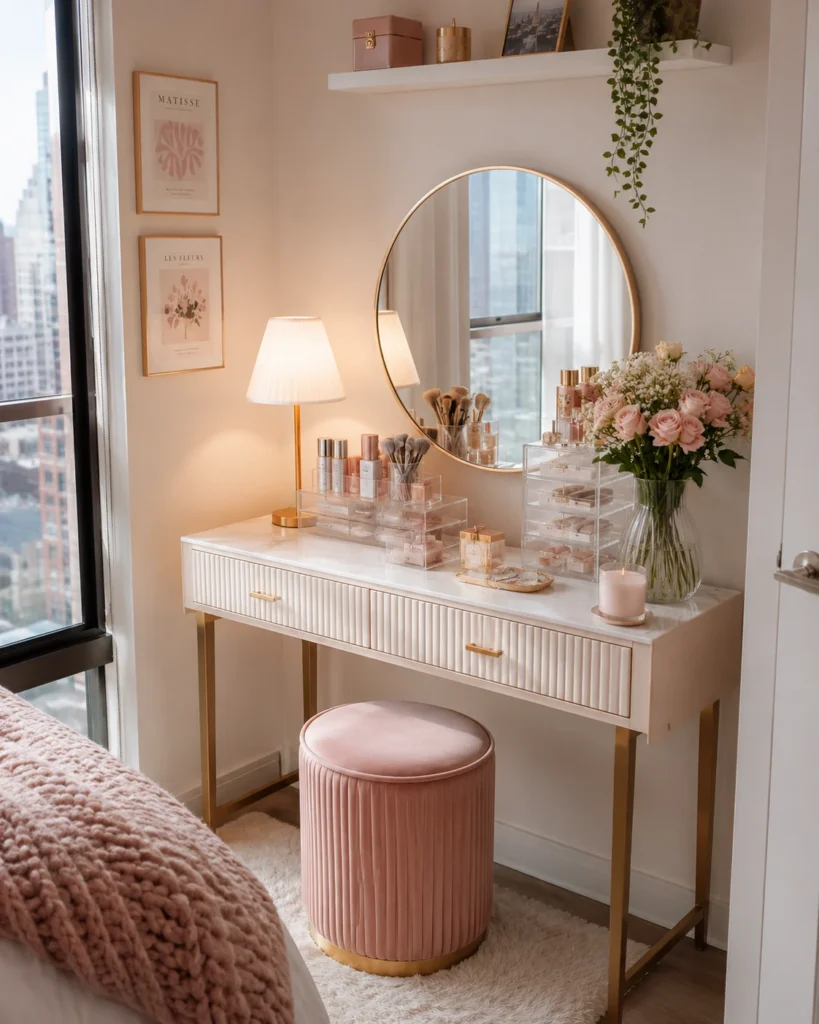 19 Girly Apartment Decor Ideas for a Stunning Cozy Aesthetic 9 Cute girly apartment vanity corner with round mirror, blush stool, acrylic organizers, and flowers