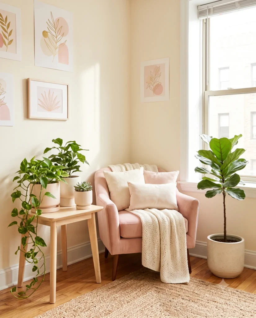 19 Girly Apartment Decor Ideas for a Stunning Cozy Aesthetic 20 Cozy girly apartment corner with pink chair, plants, botanical wall art, and soft natural light