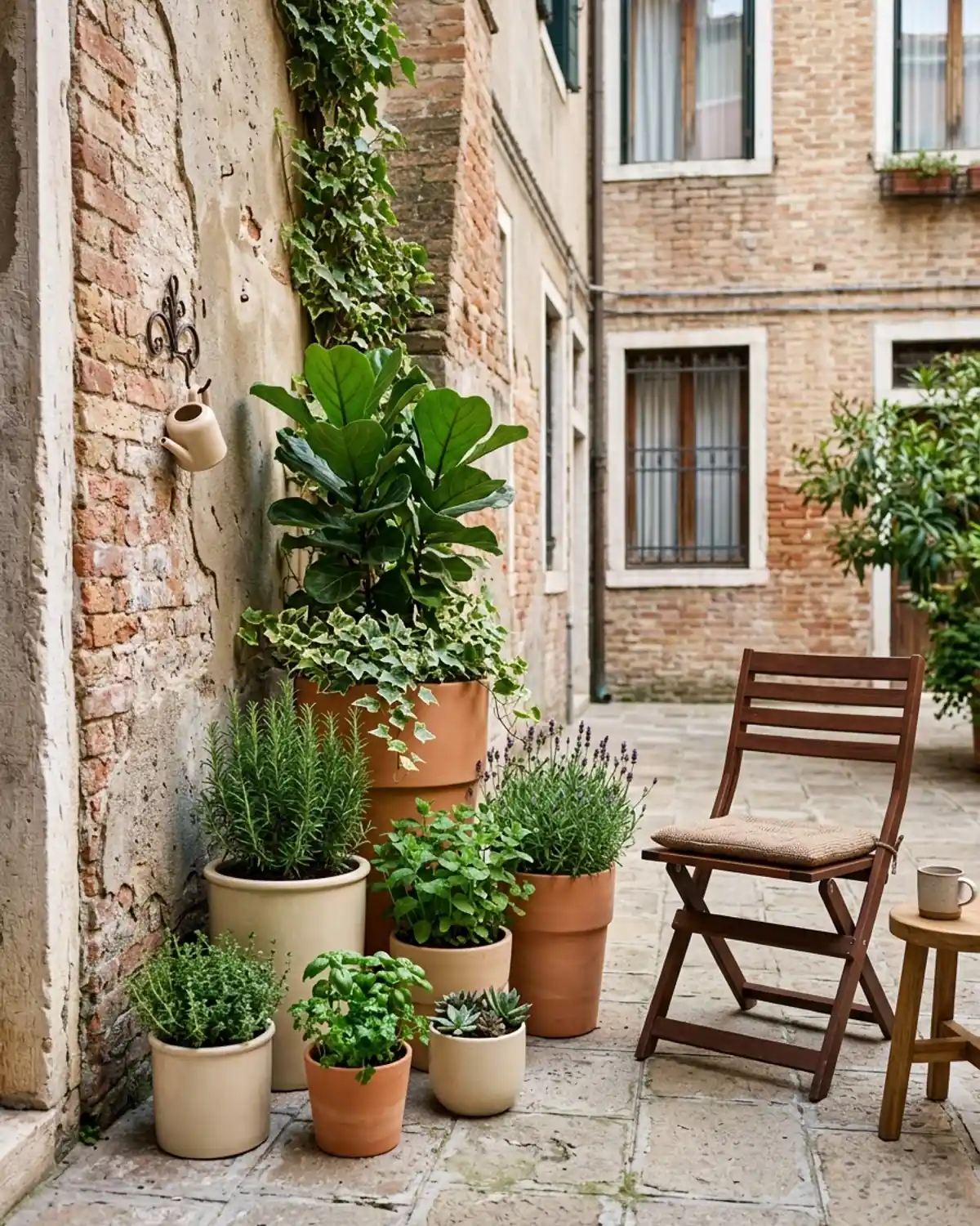 Coordinated plant cluster in one corner of a tiny apartment patio
