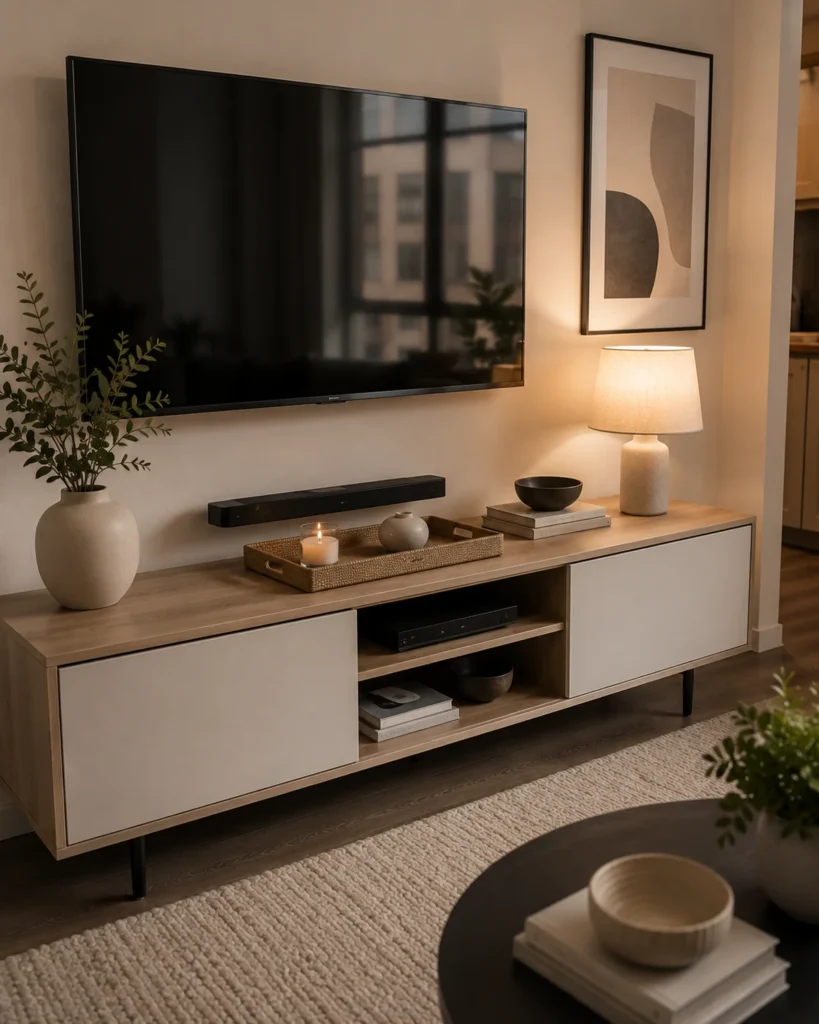 Renter-Friendly Home Upgrades: 19 Smart Ideas for Apartments 21 Modern apartment media console with hidden cords, a styled tray, warm table lamp, books, and minimal neutral decor
