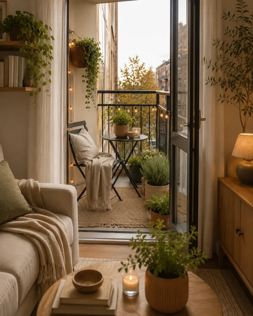 Small apartment interior opening to a cozy balcony with matching neutral decor, plants, and warm lighting