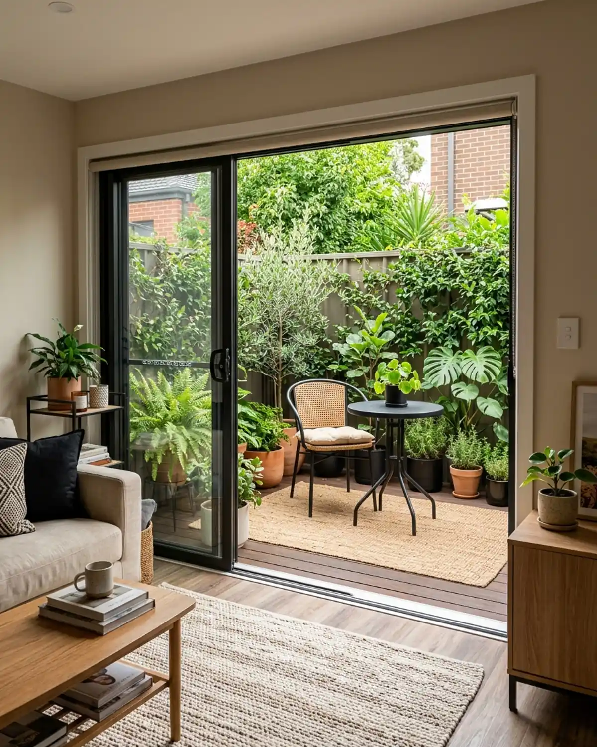Tiny apartment patio styled to continue the colors and materials of the room inside